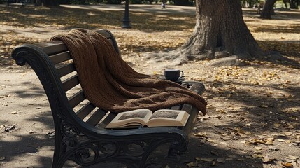 Autumnal Park Bench Scene With Book And Coffee