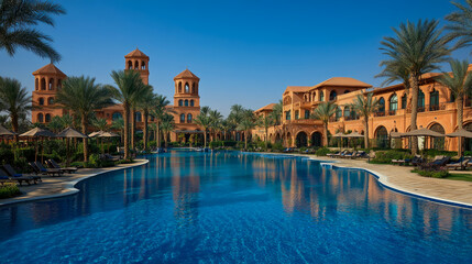 A stunning desert resort boasts a large blue pool, palm trees, and elegant architecture, inviting visitors to relax under a clear sky