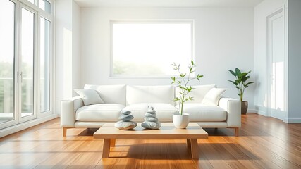 A minimalist living room with a white sofa, wooden coffee table, and a potted plant, featuring a stack of stones for a zen-like atmosphere