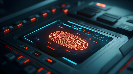A futuristic device displaying a glowing fingerprint pattern, surrounded by illuminated buttons and sleek design elements.