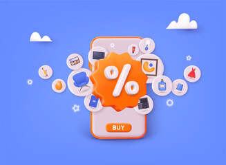 Online shopping on application and website concept, digital marketing online, shopping cart with new items on smartphone screen. 3D Web Vector Illustrations.