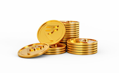 3d Stack Of Golden Indian Rupee Coins Shiny Rounded Coins Stack On White Background 3d Illustration