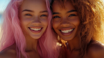 Fototapeta premium Two friends with vibrant hair colors enjoy a sunny day at the beach, showcasing their joy and strong bond in a beautiful coastal setting