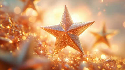 Golden Glittering Stars with Festive Bokeh Lights