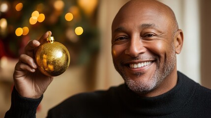 Fototapeta premium Smiling Man Holding Golden Christmas Ornament with Festive Background