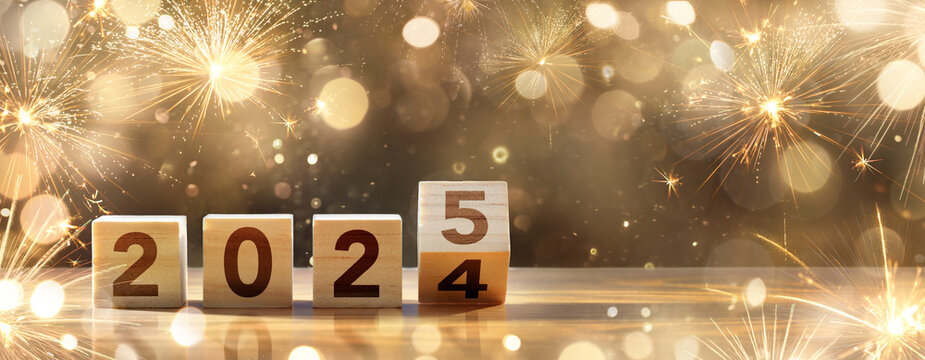 2025 New Year Celebration - Wooden Number Blocks And Golden Fireworks At Eve Night With Abstract Defocused Lights