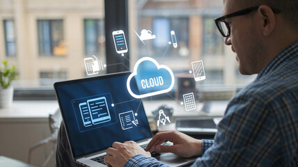 Cloud service hologram, man typing on laptop, and devices synchronizing 
