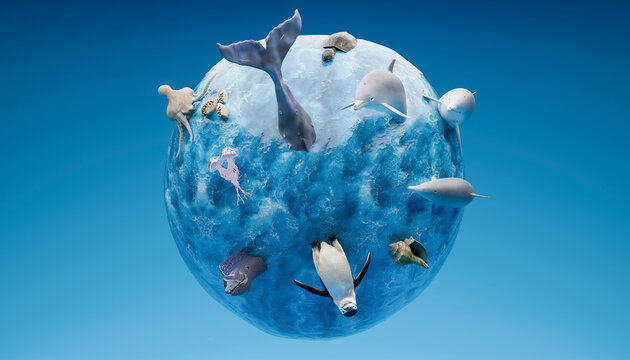 Abstract of penguin, dolphins and octopus swimming in sea