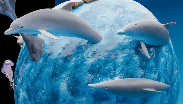 Close-up 3D render of dolphins diving in sea