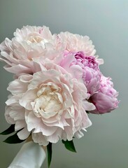 Woman’s hand is holding fresh pink peonies  © Natalia
