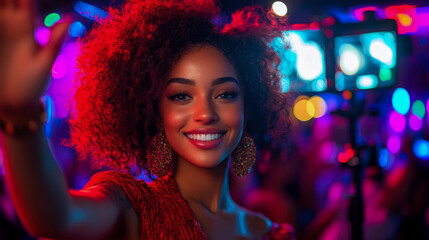 A joyful young woman waves to the camera in a vibrant nightlife setting, surrounded by colorful lights and a festive crowd, capturing the celebratory mood