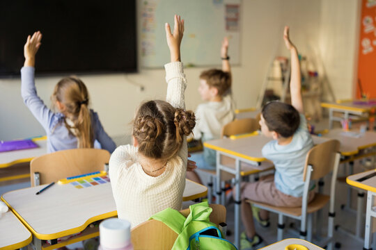 Elementary schoolgirls and schoolboys raising hands in classroom at school - Powered by Adobe