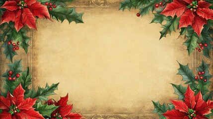 Festive Christmas Poinsettia Border on Vintage Background