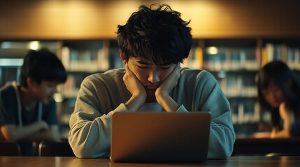 A young man sits focused at a laptop in a cozy library filled with books, embodying a scene of concentration and learning.