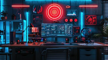 Obraz premium Desk setup with futuristic gadgets and digital screens