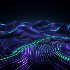 Abstract futuristic landscape with flowing neon light waves in a dark setting, creating a sense of motion and depth, suitable for technology and design themes.