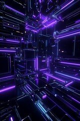 Abstract futuristic scene featuring glowing neon lines and luminous geometric structures with deep perspective, creating a dynamic sense of movement and technology.