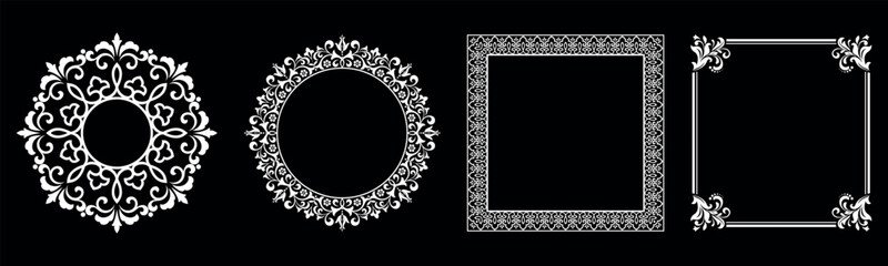 Set of decorative frames Elegant vector element for design in Eastern style, place for text. Floral black and white borders. Lace illustration for invitations and greeting cards.