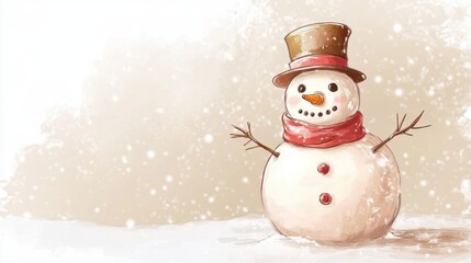 Charming Hand-Drawn Snowman in Winter Wonderland Scene