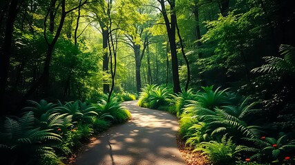 A Serene Forest Path Winding Through Lush Greenery, Bathed in the Golden Light of the Morning Sun
