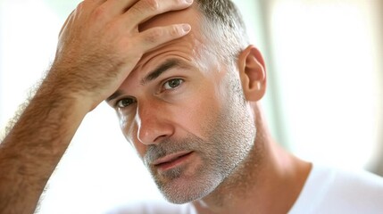 Obraz premium Attractive Caucasian male adult in his 30s concerned about baldness looks into the mirror to examine his premature receding hairline. 