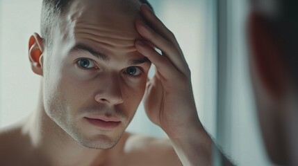 Fototapeta premium Attractive Caucasian male adult in his 30s concerned about baldness looks into the mirror to examine his premature receding hairline. 
