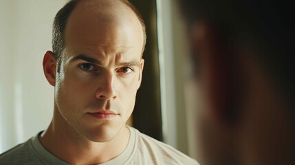 Obraz premium Attractive Caucasian male adult in his 30s concerned about baldness looks into the mirror to examine his premature receding hairline. 