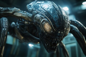 A futuristic robotic creature with a sleek, metallic design and multiple legs.