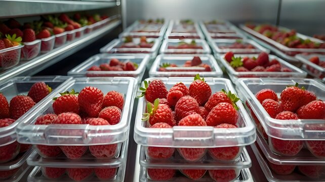 Close-up of fresh strawberry & raspberry in plastic container in refrigerator room. vibrant delicious red berries on manufacturing factory