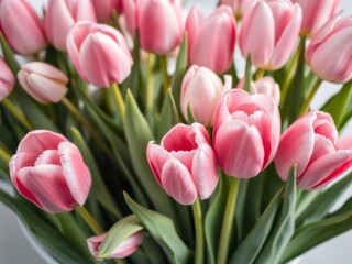 Fototapeta premium Light pink tulip flowers arranged beautifully in a bouquet on a soft pink background, tulips, spring