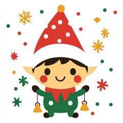 Fototapeta premium Cute Christmas Elf with Bells and Confetti Illustration