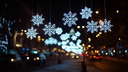 On a blurred background, snowflakes are decorated with street lights at night
