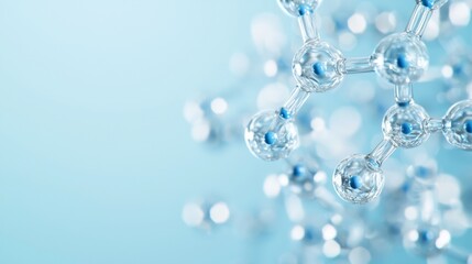Blue translucent molecular structure floating against a soft blue backdrop, intricate details highlighted, creating a sense of depth and scientific elegance.