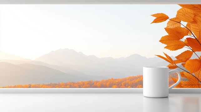 Mountain cabin remote work setup panoramic windows nature view rustic wooden desk modern tech contrast dual monitor wireless peripherals coffee mug