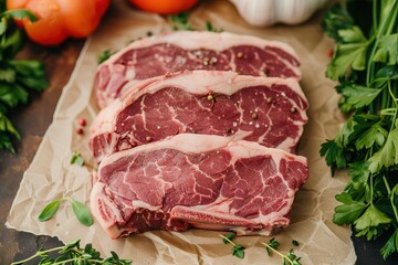 Fototapeta premium fresh halal food and grocery. Fresh cuts of marbled beef steak are displayed on parchment, surrounded by vibrant vegetables and herbs, showcasing a rich culinary setting.