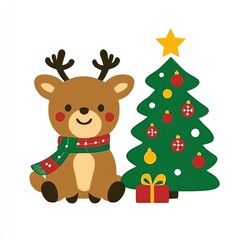 Adorable Reindeer and Christmas Tree Illustration