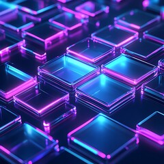 Obraz premium Vibrant Neon Abstract Background Featuring Luminous Glass Squares with Reflections Shining in Various Shades of Blue and Purple, Perfect for Modern Designs and Digital Art Projects