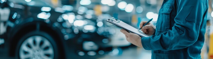 Car Mechanic Inspecting Vehicle Maintenance Order, Dedicated technician reviewing customer claims in a tidy auto repair shop, focused on engine repair and service efficiency