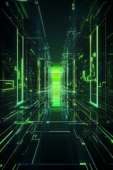 Futuristic Digital Corridor with Neon Green Lights and Abstract Geometric Patterns, Representing Technology, Data Flow, and Virtual Reality Exploration in a High-Tech Environment