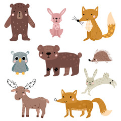 Fototapeta premium A collection of cute forest animals, including bears, foxes, rabbits, a hedgehog, an owl, and a moose. Each animal has a playful, cartoonish style with soft colors and decorative patterns.
