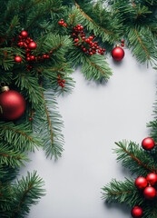  a Christmas border of evergreen branches on a white background