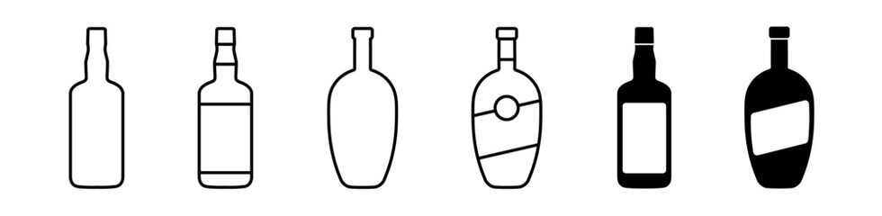 Whiskey bottle icon set. Alcohol or bar bottle symbol. 
Vector illustration. 