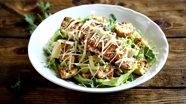 Fresh Caesar Salad with Grilled Chicken, Parmesan, and Croutons Served in a White Bowl