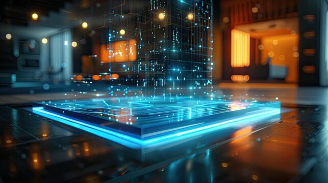 Digital workspace with floating holograms and light trails