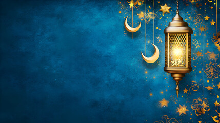 Fototapeta premium Ramadan kareem celebration. Lantern with half moon, Islamic concept. Suitable for marketing or business purposes. Panoramic banner with place for text