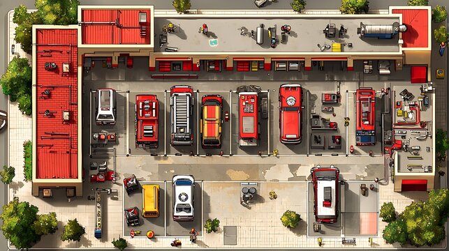 Aerial View of a Fire Station and its Vehicles A Detailed Illustration.