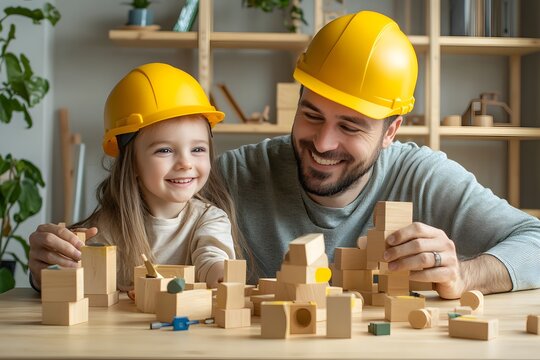Father and daughter building with wooden blocks.