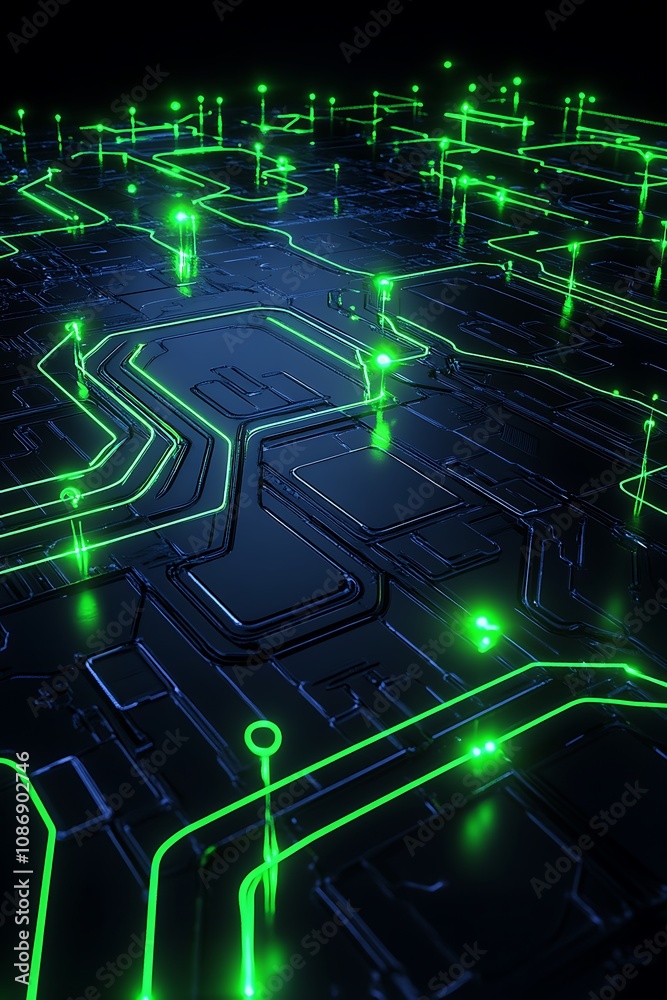 Poster futuristic abstract circuit board with glowing green lines and nodes in a dark environment for techn
