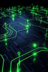 Obraz premium Futuristic Abstract Circuit Board with Glowing Green Lines and Nodes in a Dark Environment for Technology and Innovation Concepts