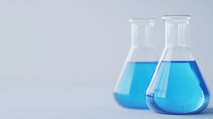 Chemical flasks with colorful reagents arranged in a minimalist setting, showcasing a clean and simple aesthetic, highlighting the vibrant chemistry within.